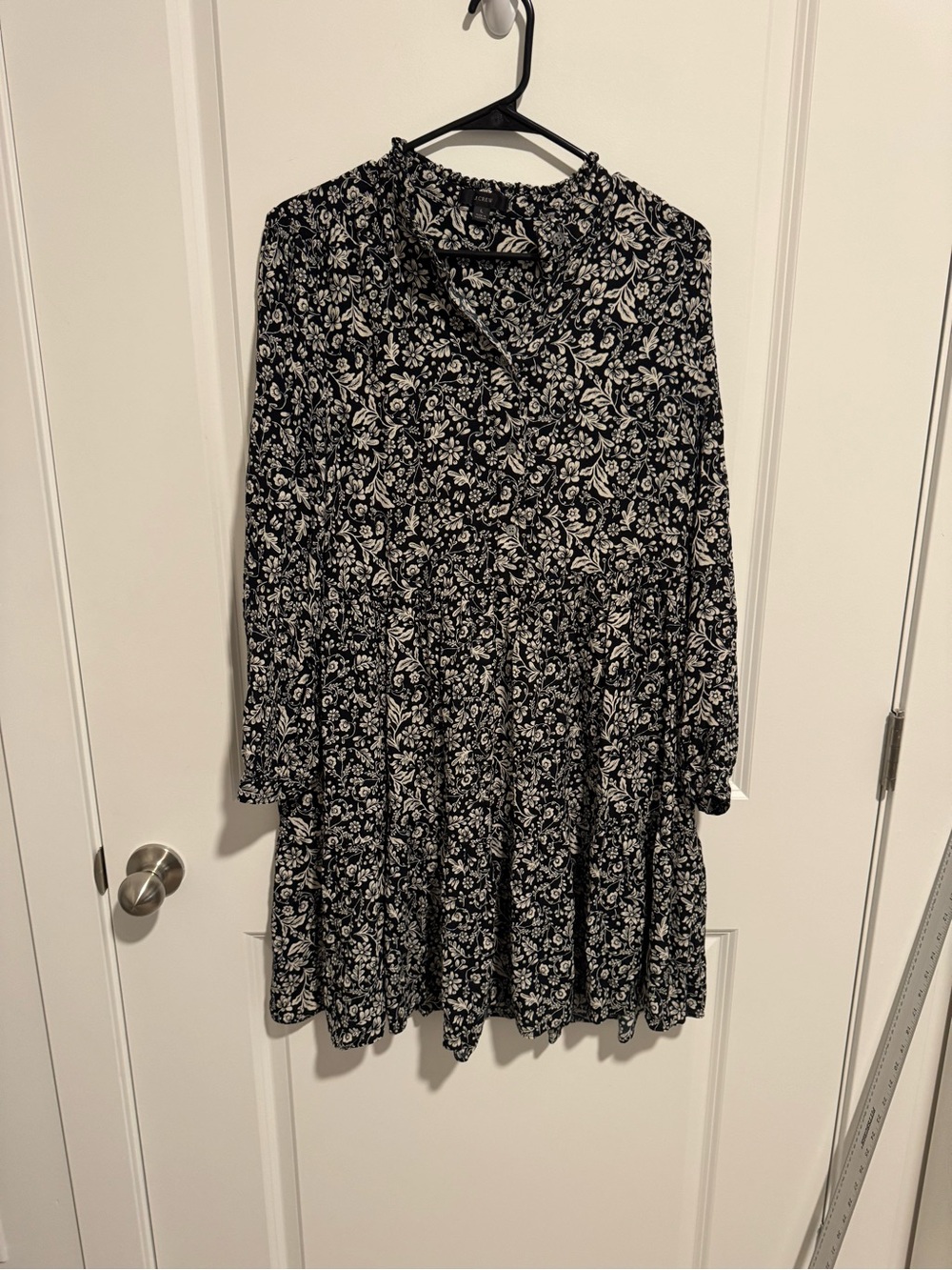 J. Crew Black and White Floral Long-Sleeve Tiered Dress